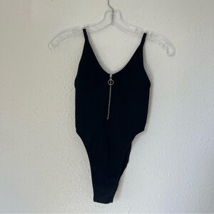 Black Ribbed, Stretchy Thong Bodysuit with Zipper, Size Medium
